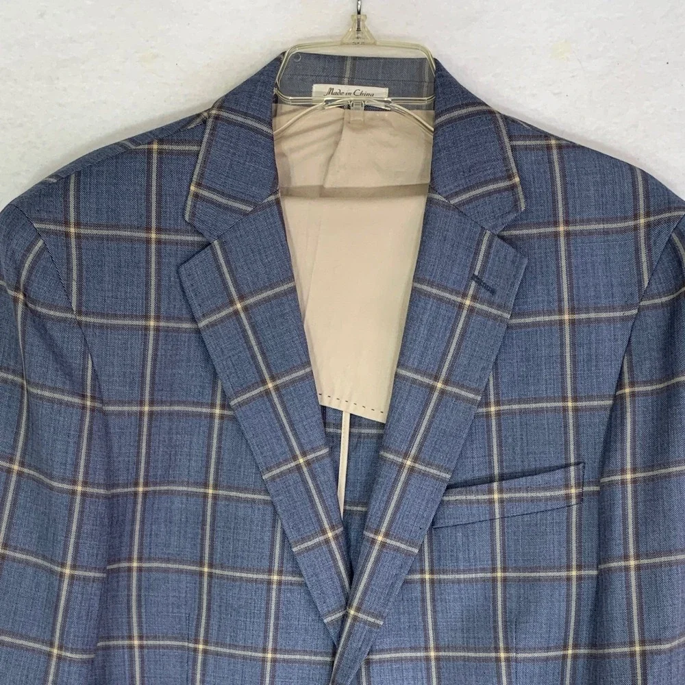 Peter Millar Crown Wool Sport Coat Jacket Men M 42R Blue Windowpane Blazer Plaid